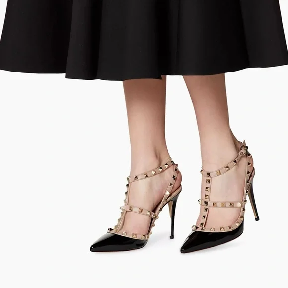 Valentino Garavani Rockstud Caged 100mm Slingback Pumps Size 37 Black and Nude - Picture 2 of 7